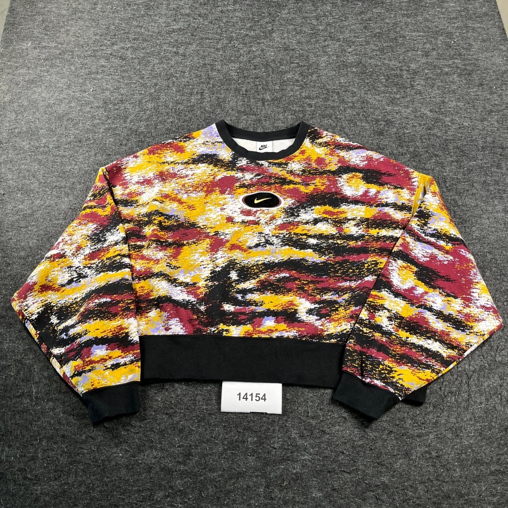 Nike Crop Sweatshirt Womens Medium Multicolor Abstract Print Fleece Lined Casual